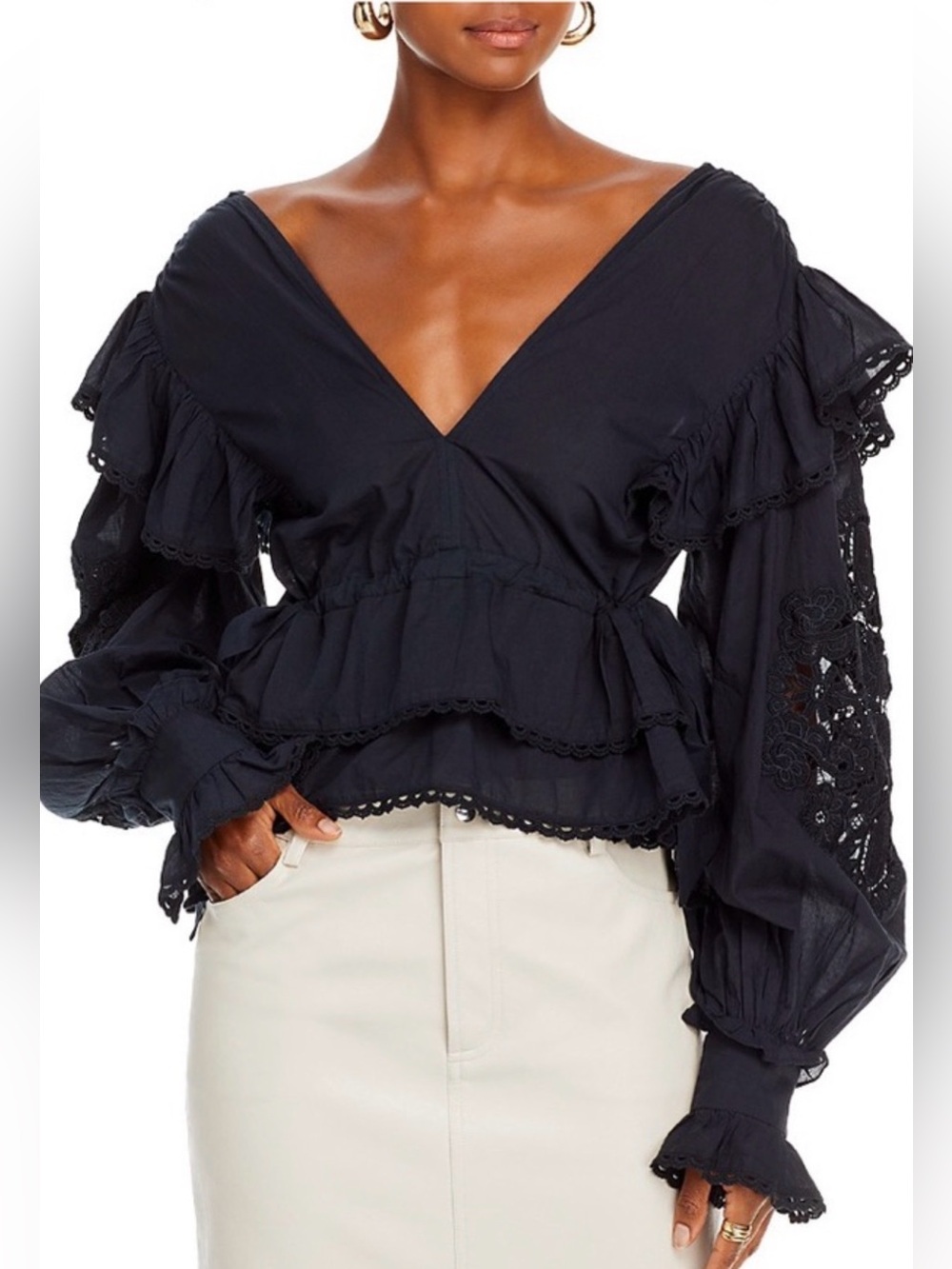 FARM Rio Black Long-Sleeve Ruffled V-Neck Blouse